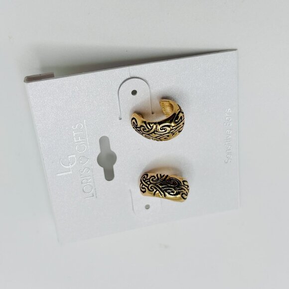 Lori’s Gifts Gold Tone Etched Hoop Earrings Hypoallergenic NWT Sensitive Ears - Picture 2 of 3